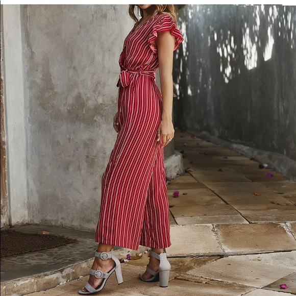 Striped Ruffle-Sleeve Belted Jumpsuit - Picture 3 of 6